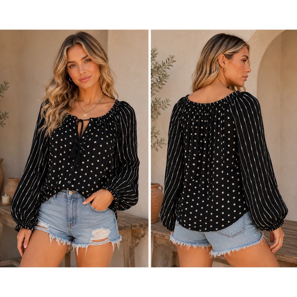 Billabong Black Boho Peasant Top | Long Sleeve Tassel Blouse | Size Small